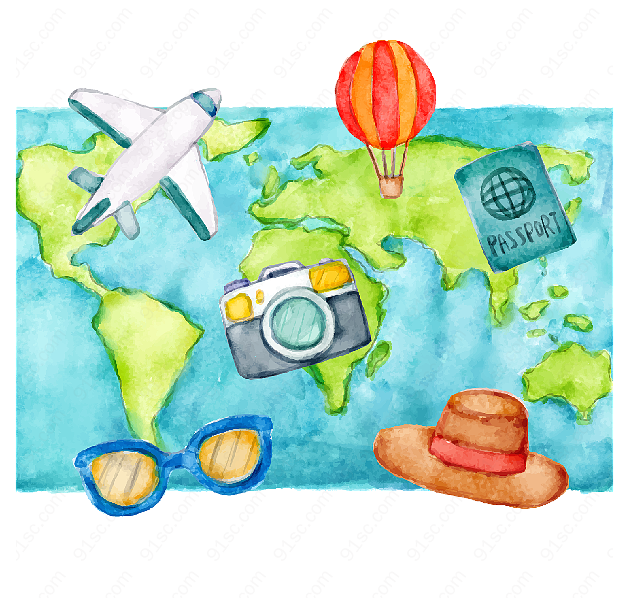 世界地图和旅行元素矢量设计元素