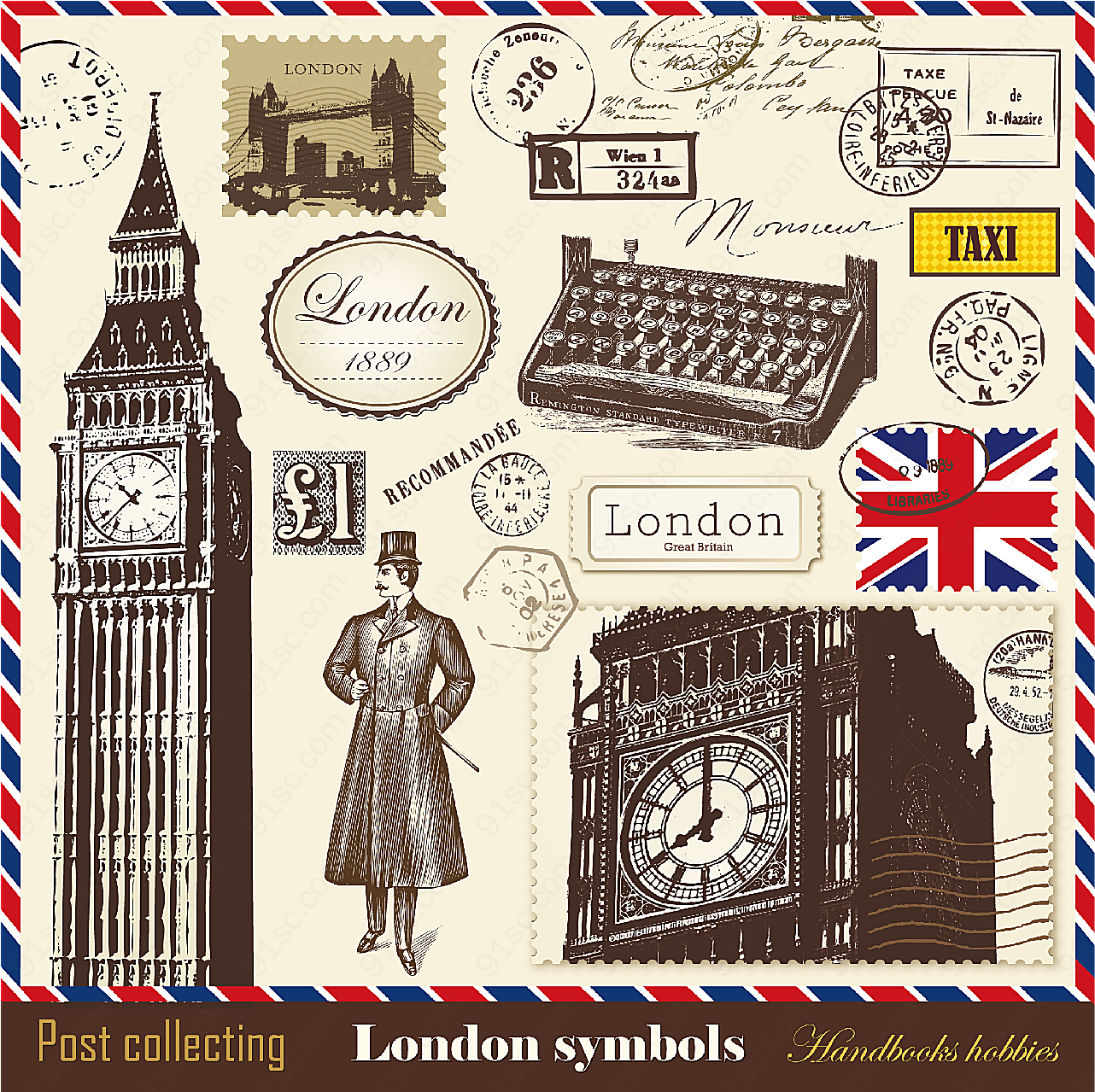 伦敦元素邮票戳印矢量印章邮戳