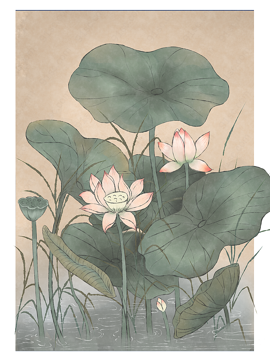荷花池莲子平面中国风装饰画