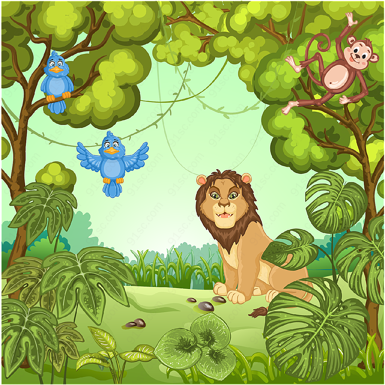 丛林里的野生动物卡通矢量插画