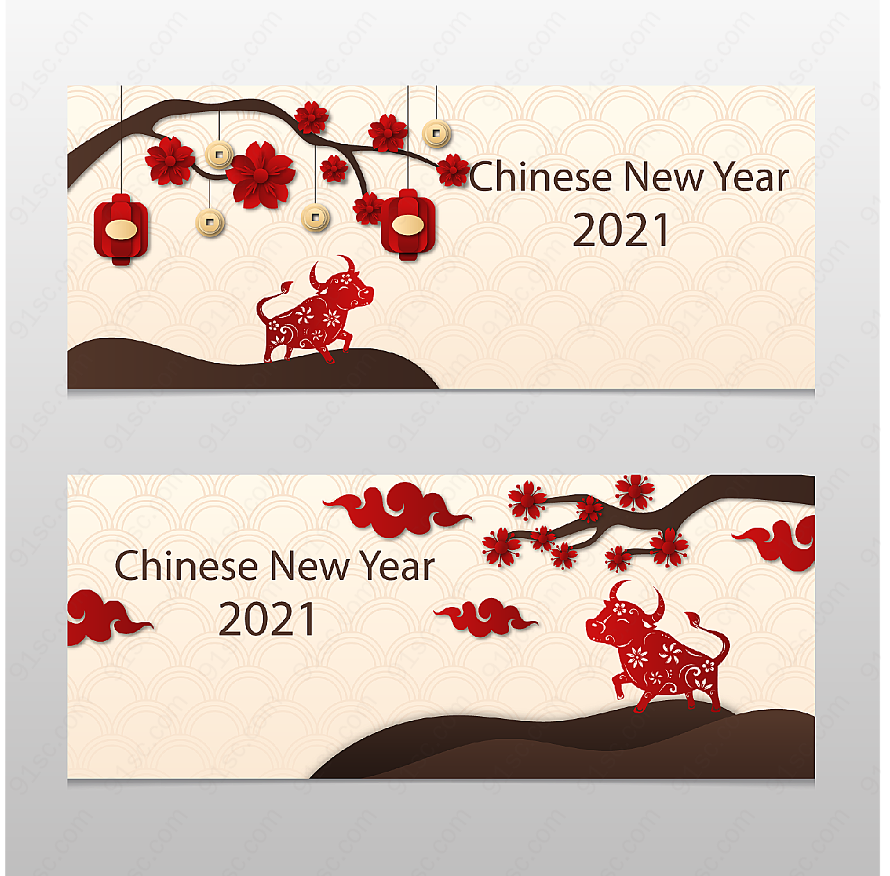 中国新年剪纸横幅矢量春节