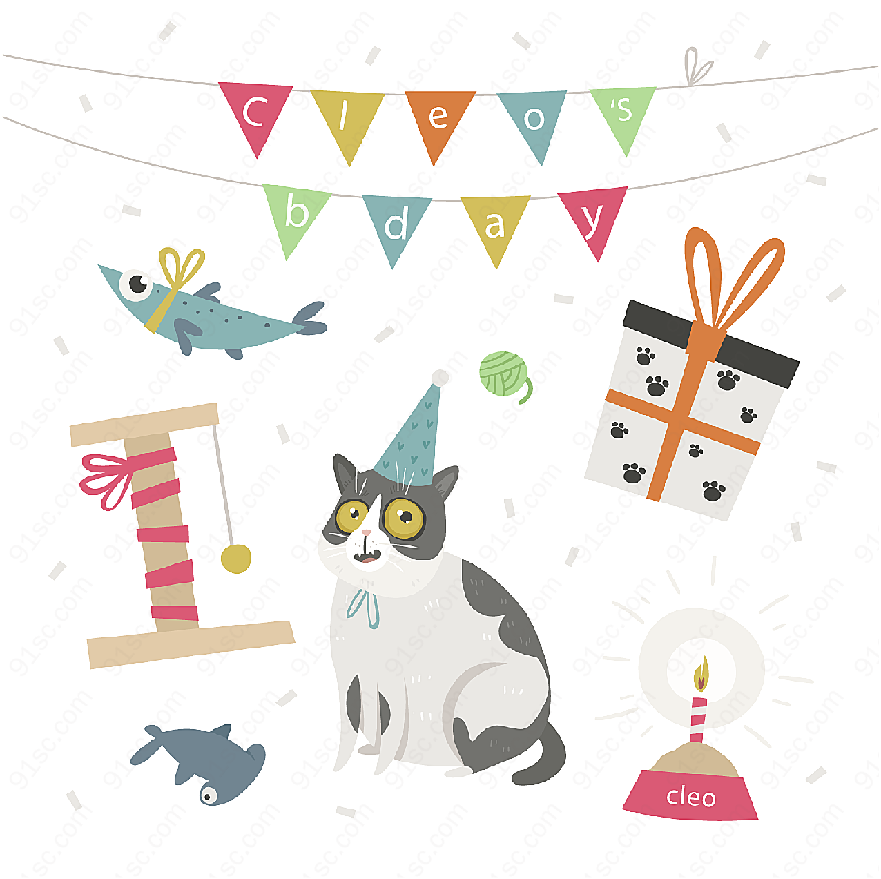 猫咪生日元素矢量生日
