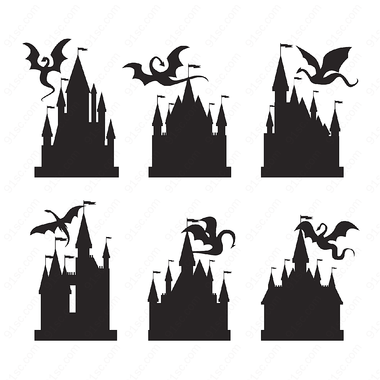 古堡和龙剪影其它矢量卡通其它