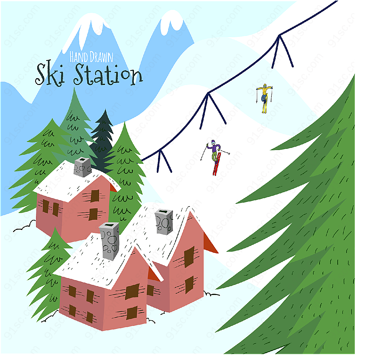 彩绘雪山滑雪场矢量建筑景观