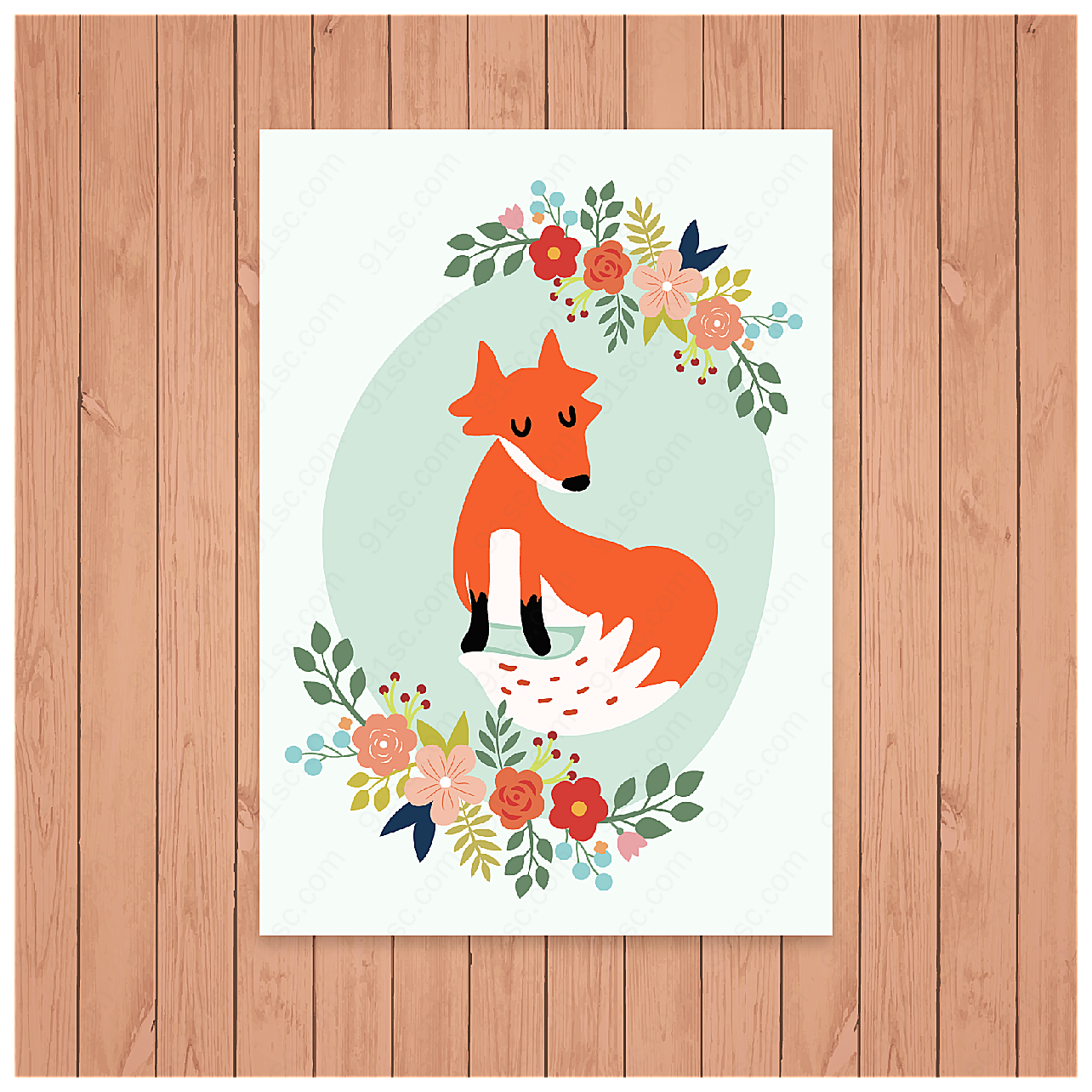 花卉和狐狸卡片矢量插画