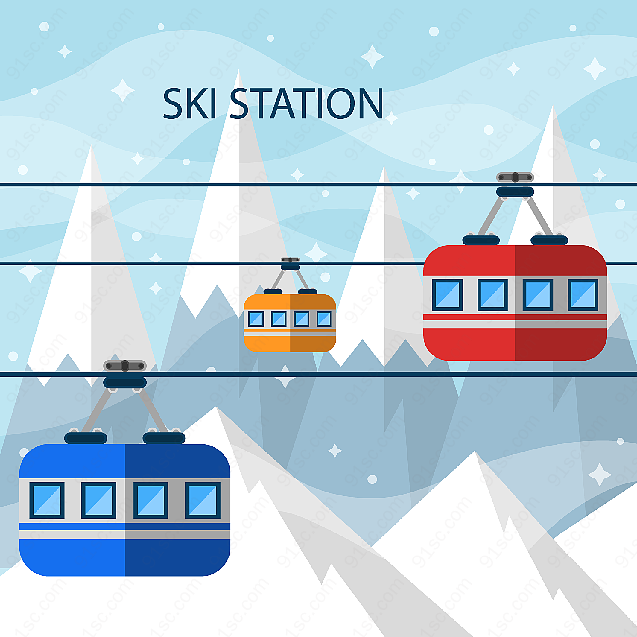 雪山滑雪缆车风景矢量自然风景