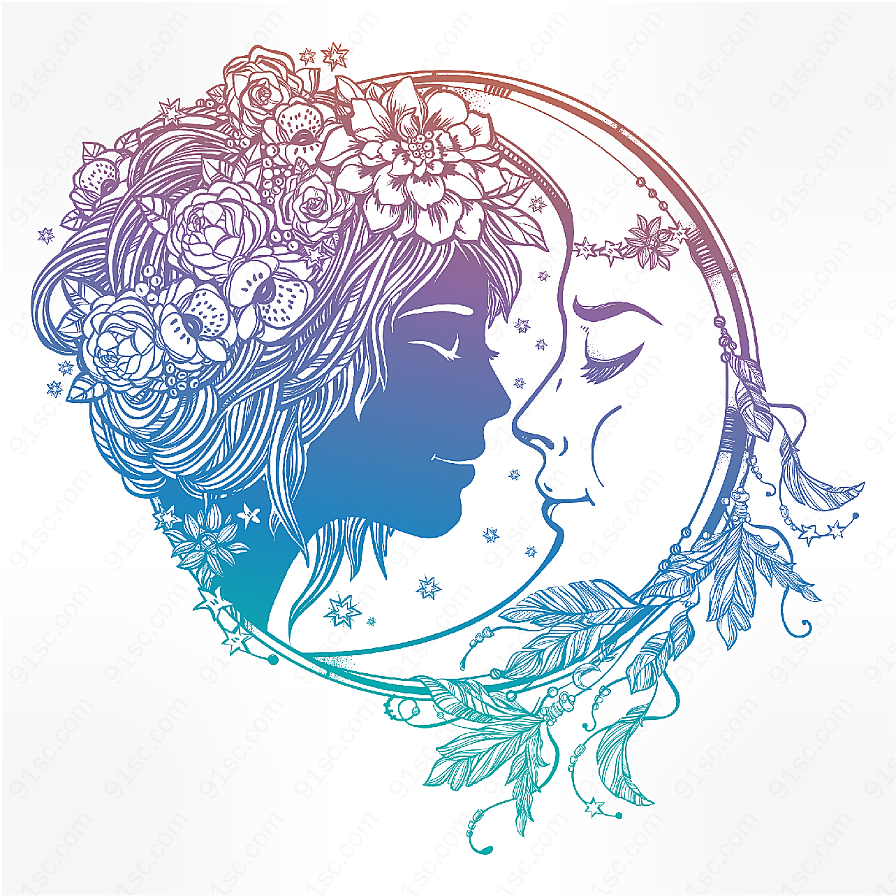 女子和月亮头像矢量插画