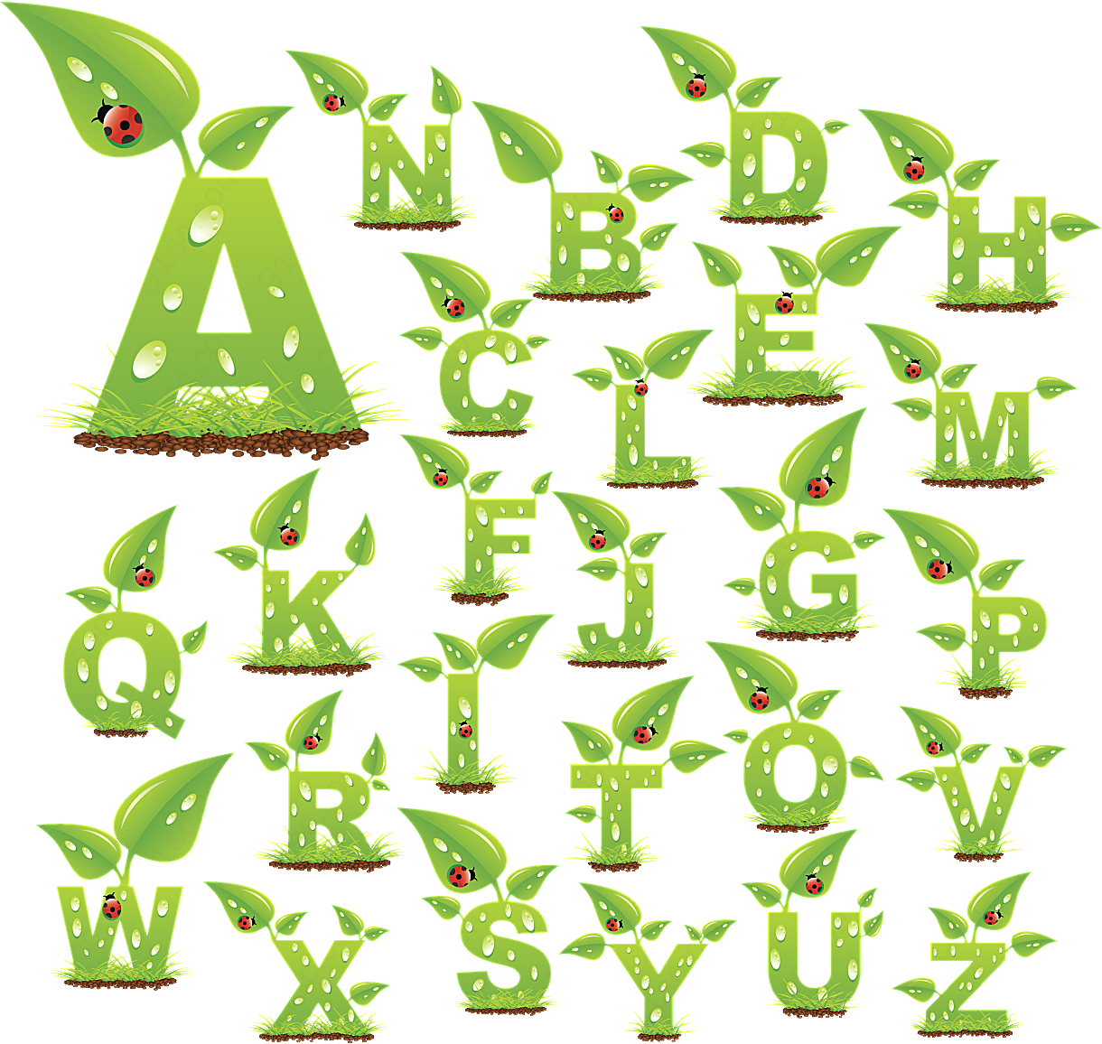 绿叶水珠字母矢量艺术字
