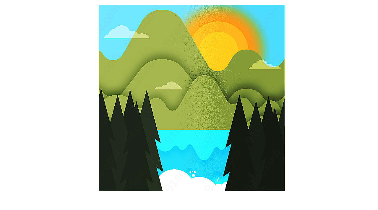山和太阳湖泊风景矢量自然风景