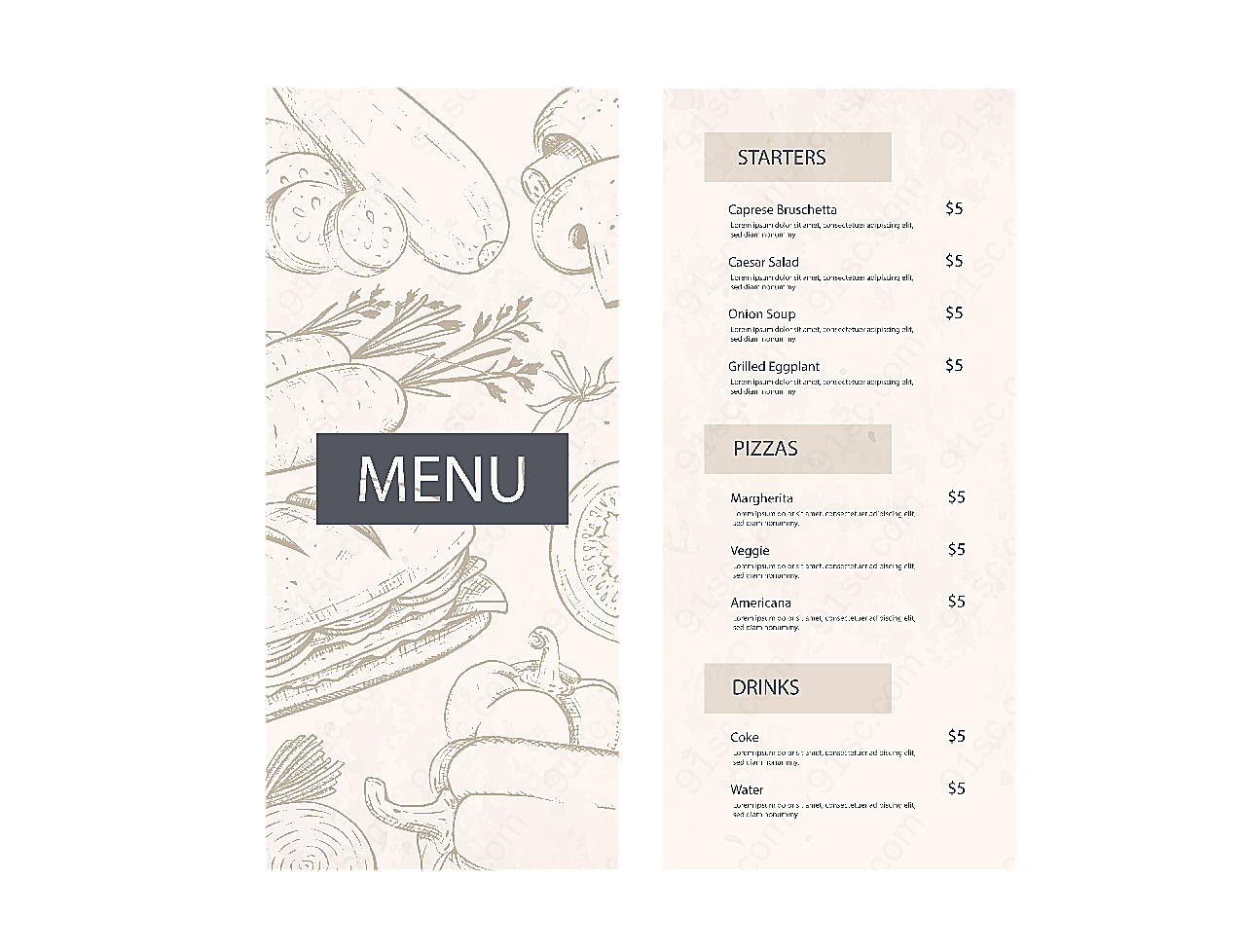 手绘餐厅菜单矢量模板矢量概念