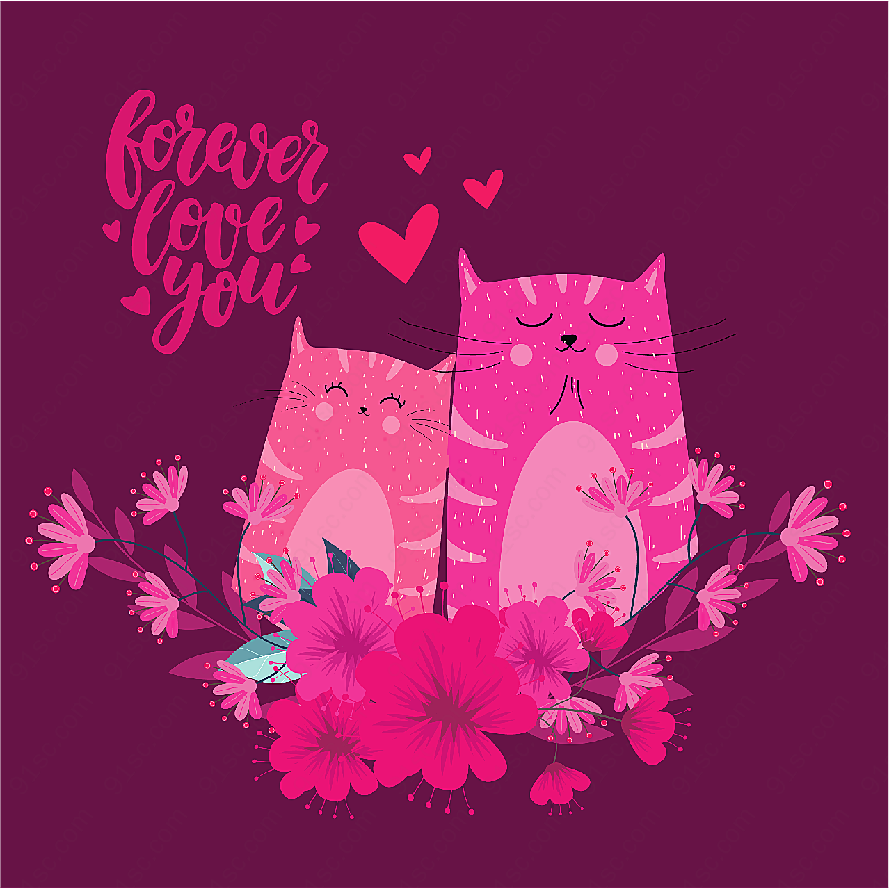 猫咪情侣和花卉矢量卡通动物
