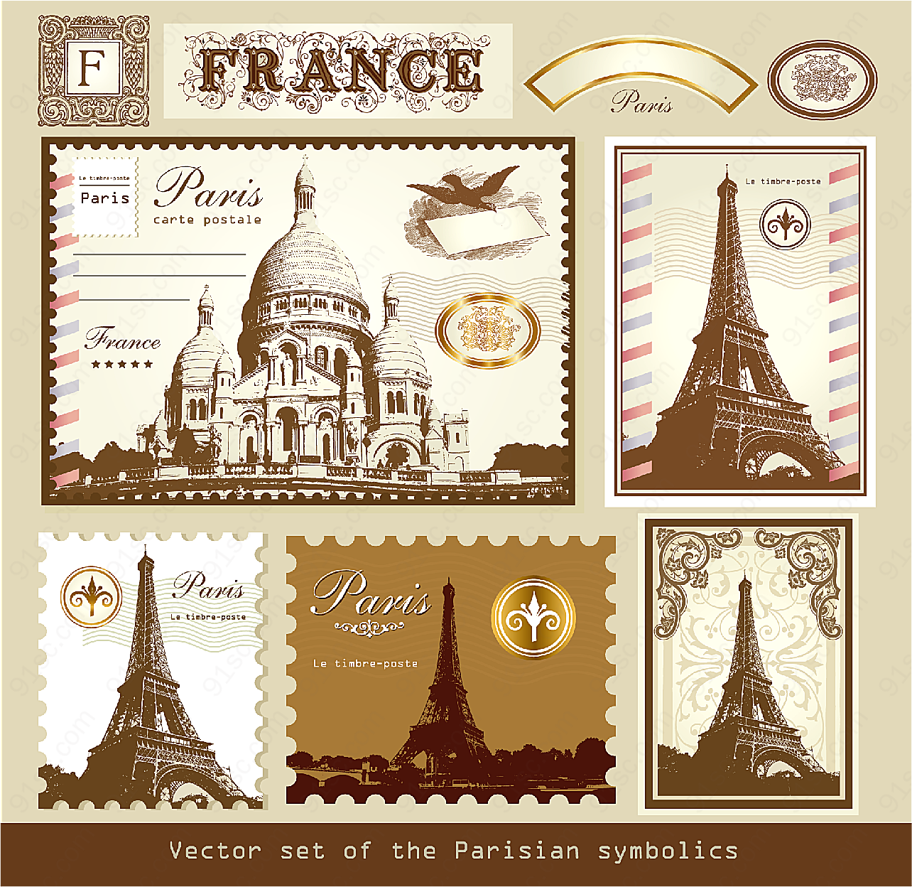 巴黎建筑邮票矢量传统文化