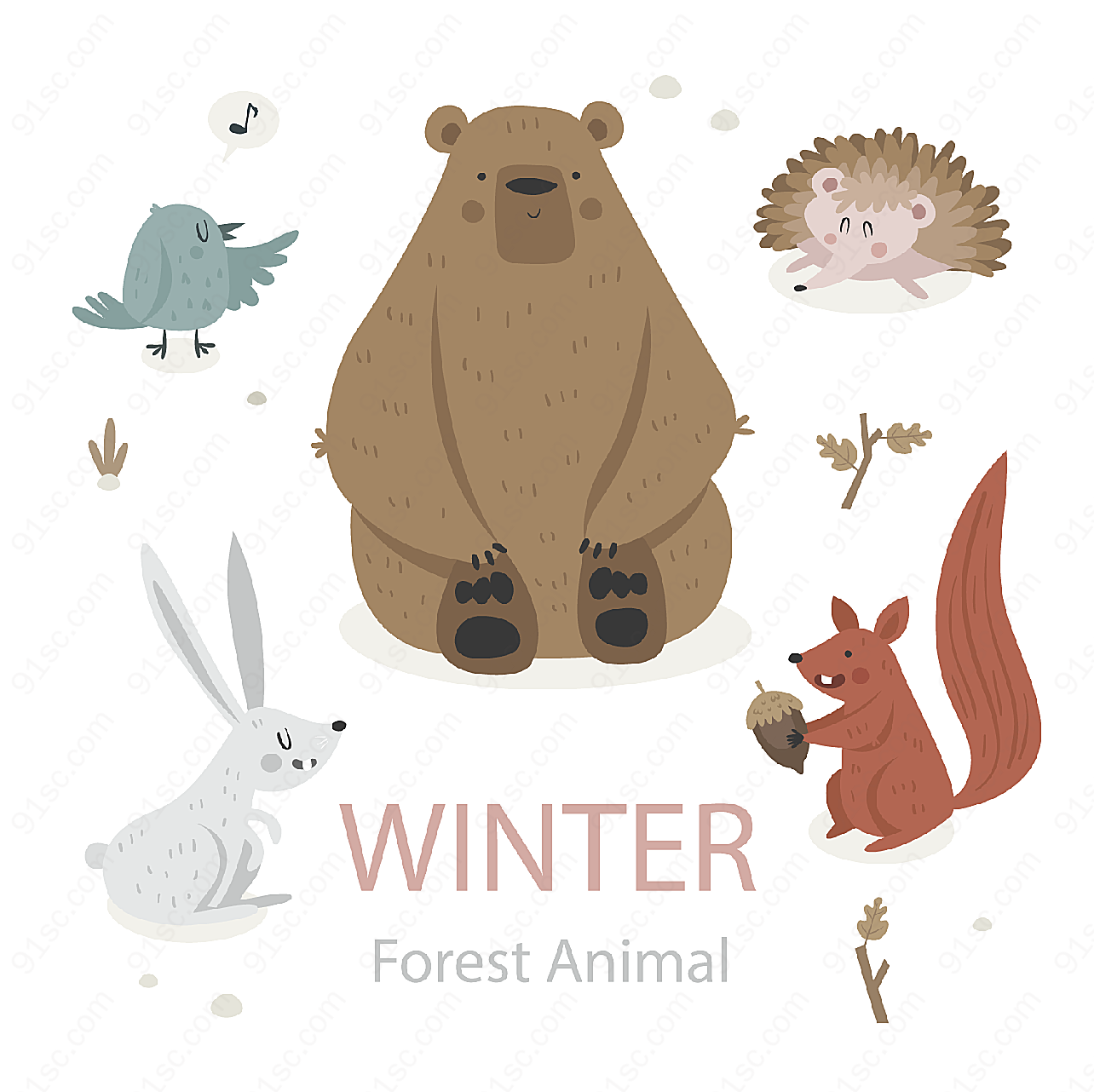 可爱冬季森林动物矢量野生动物