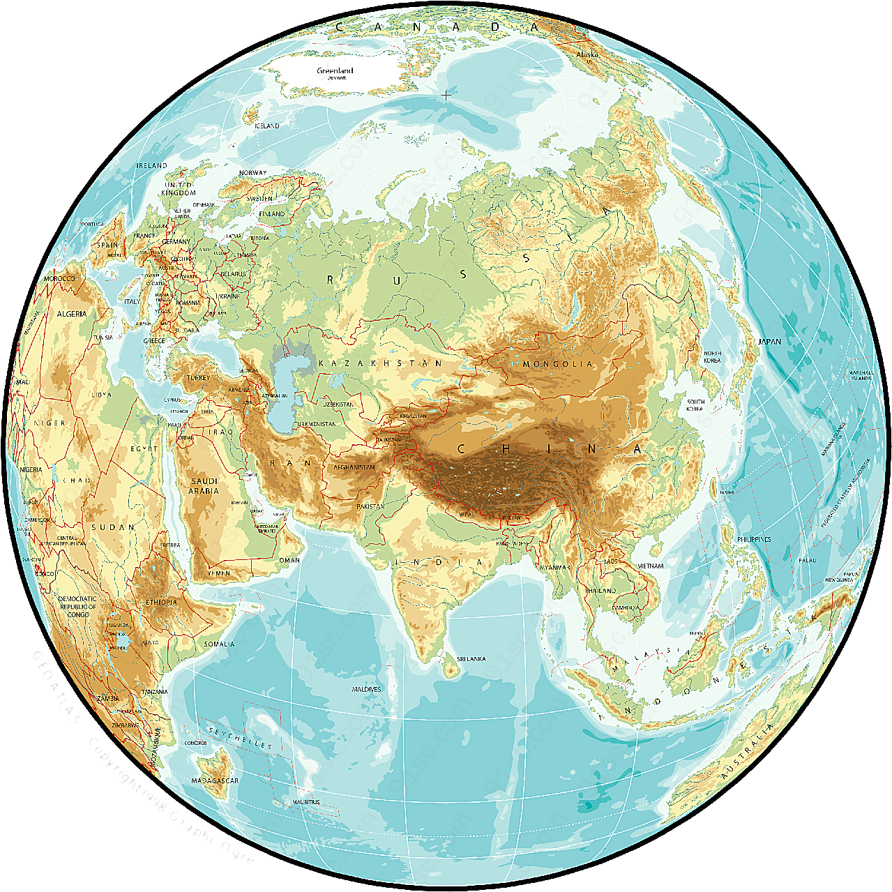 矢量亚洲球面地图矢量地图