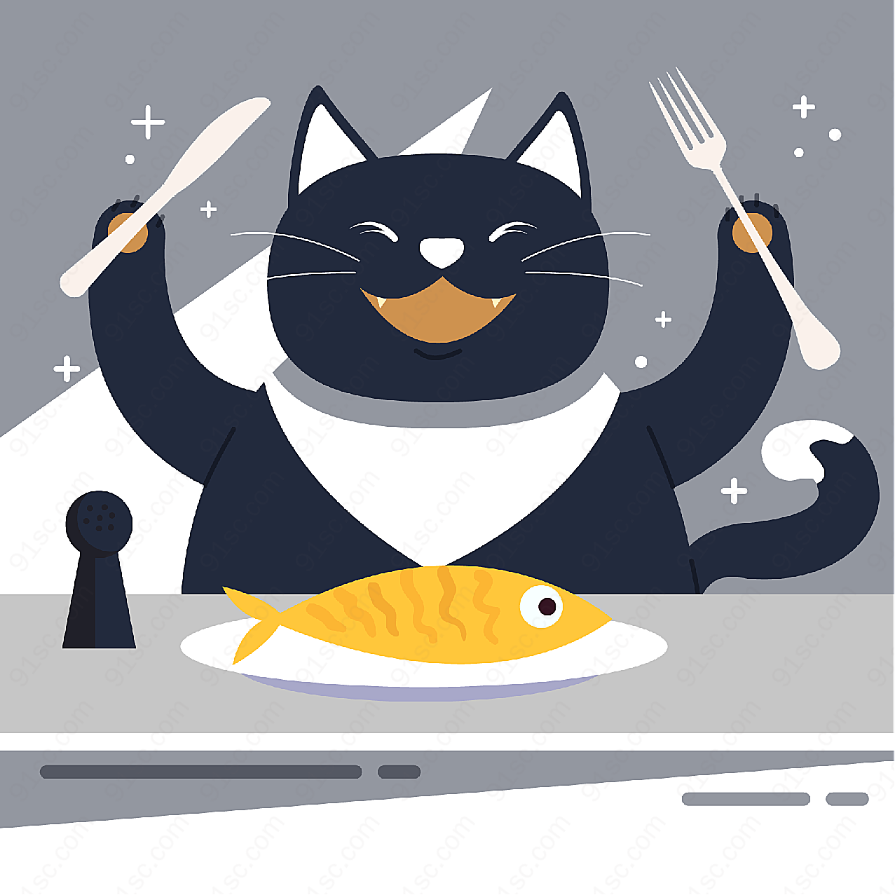 开心进餐的黑猫动物矢量卡通动物
