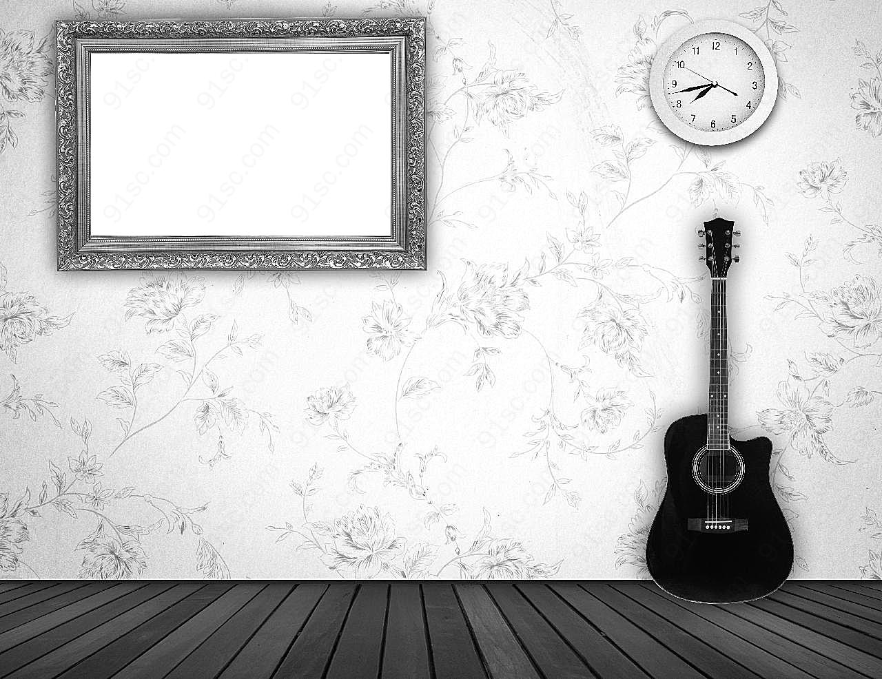 空白相框与挂钟吉他图片高清