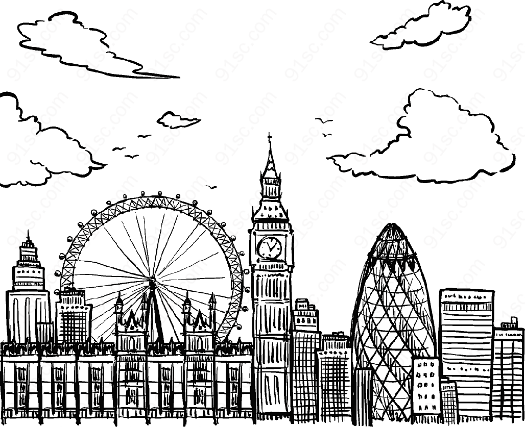 英国建筑手绘矢量图风景插画