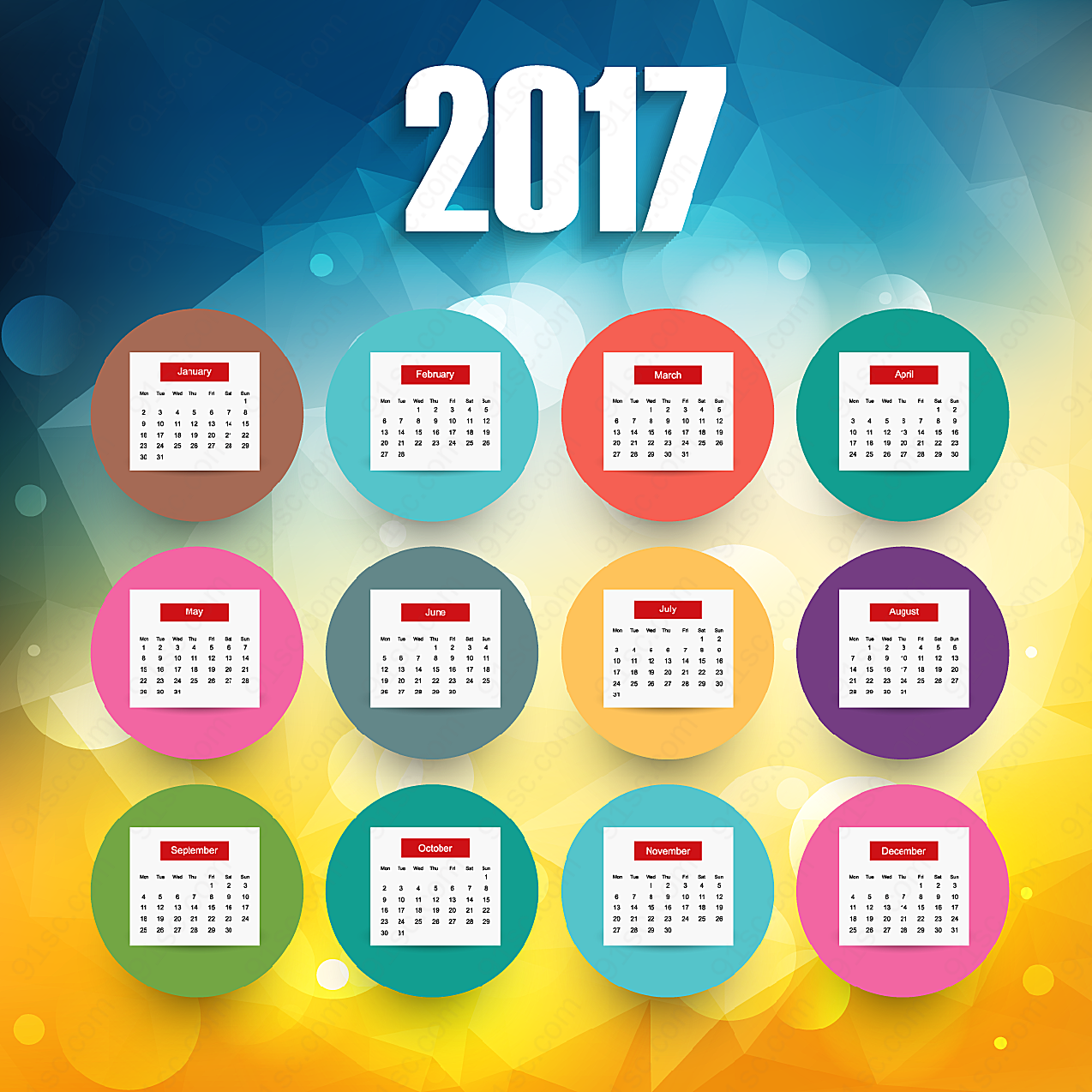 2017卡通矢量日历年历日历矢量