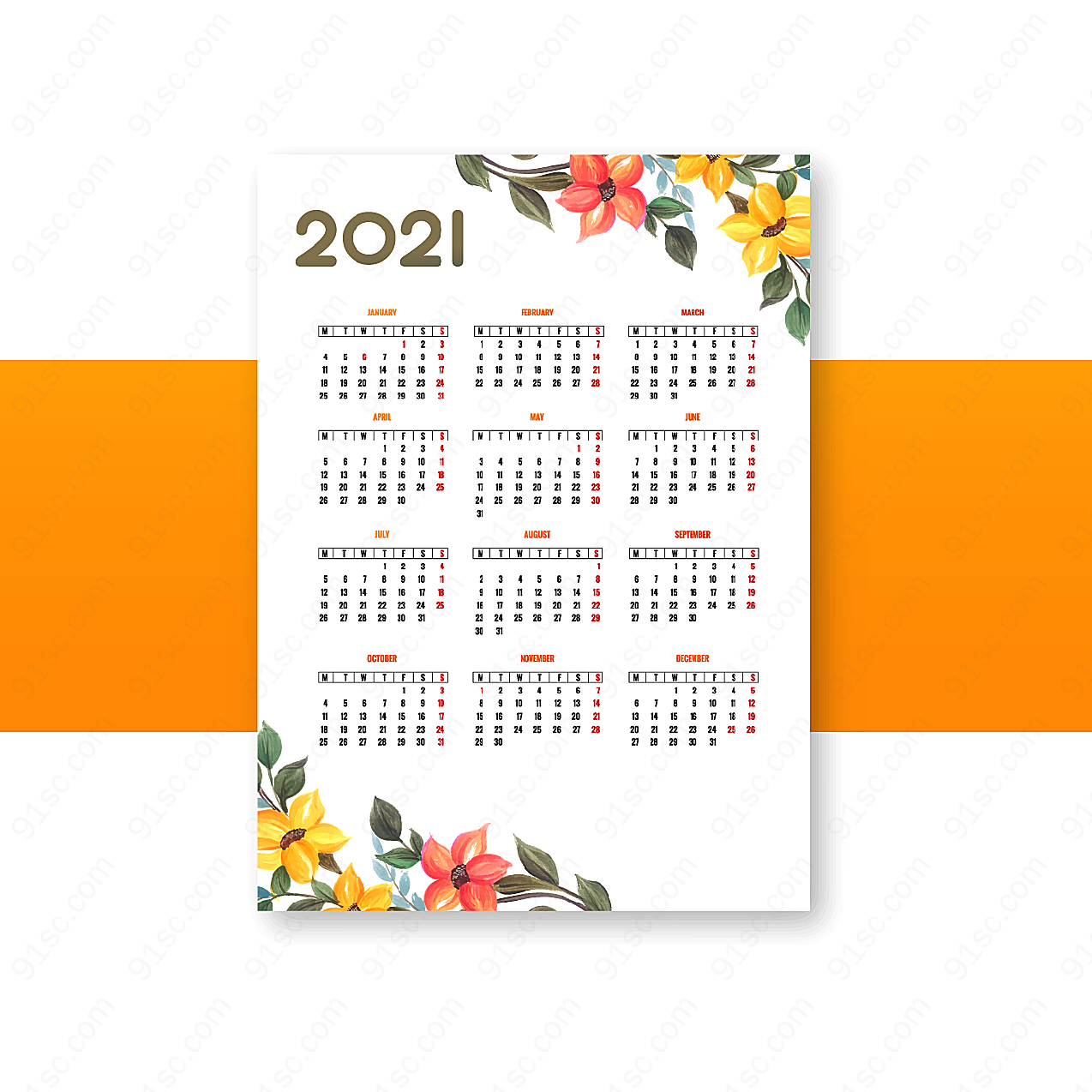 2021鲜花装饰日历年历日历矢量