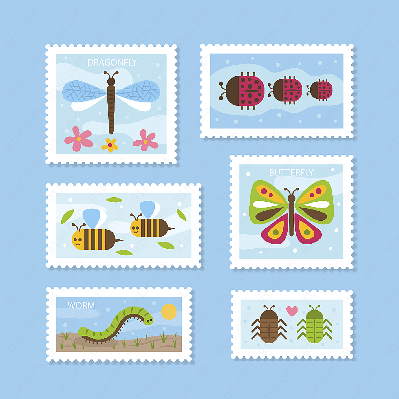 彩色昆虫邮票矢量传统文化