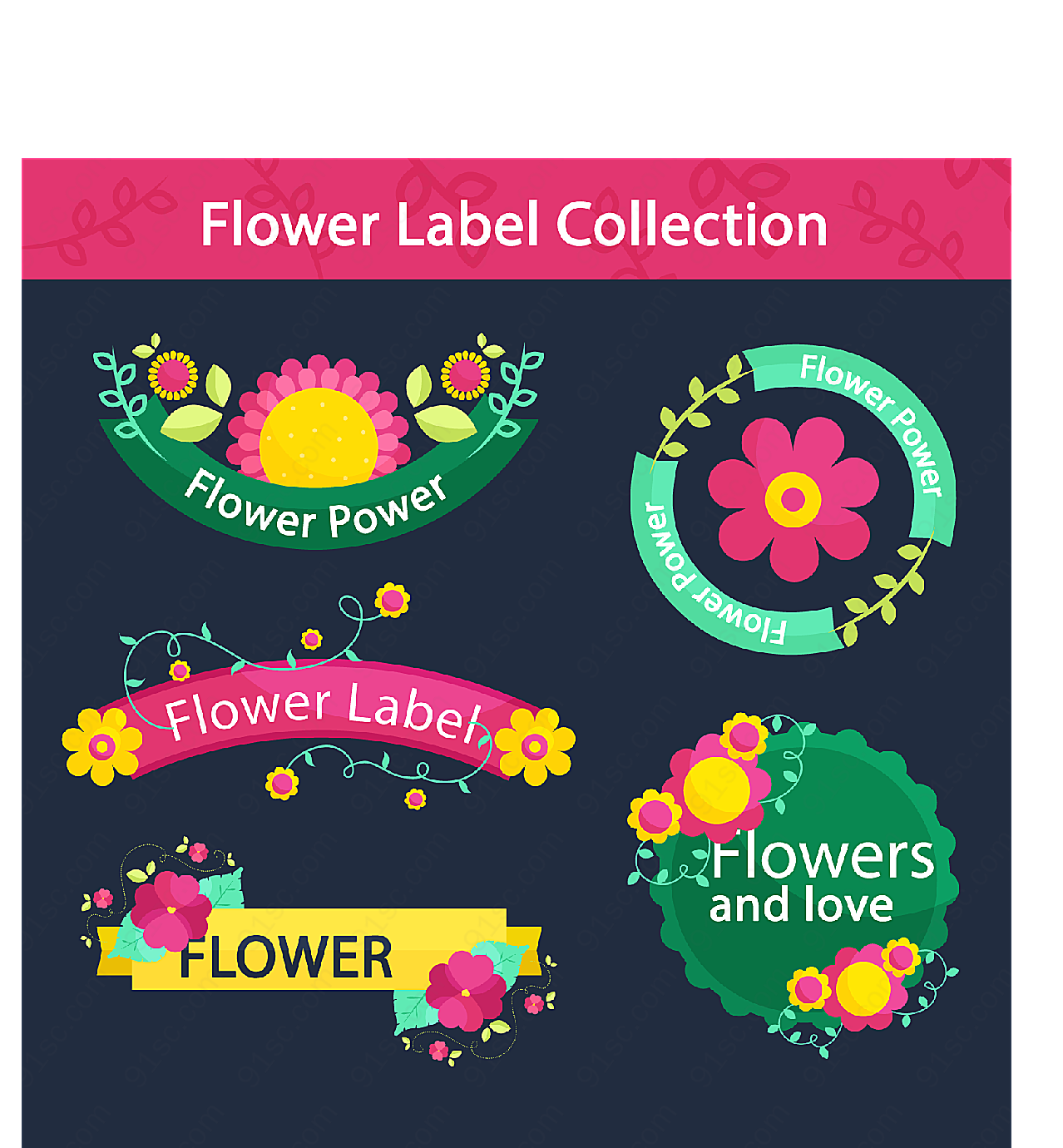 彩色花卉标签label矢量
