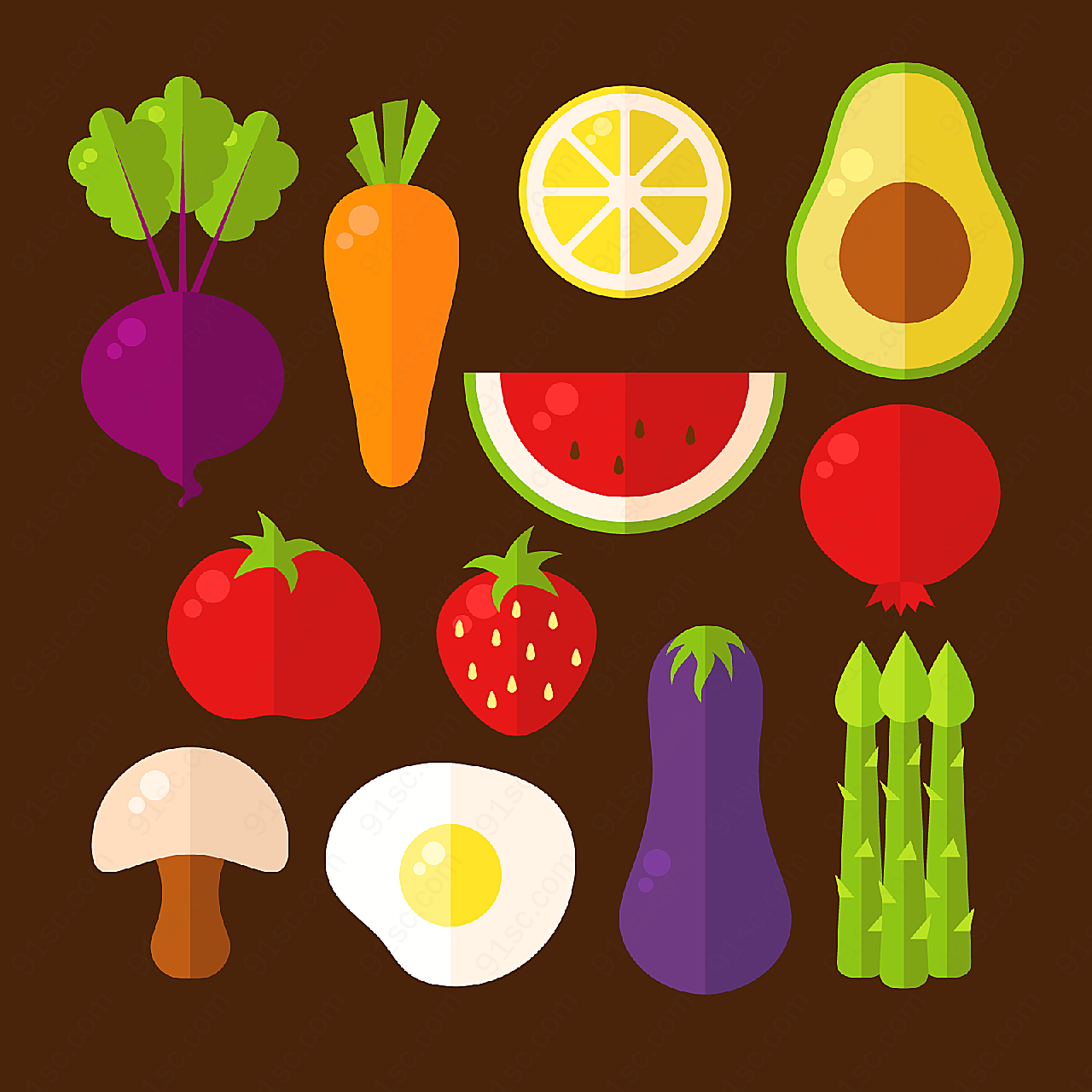 扁平化蔬菜和水果矢量食材