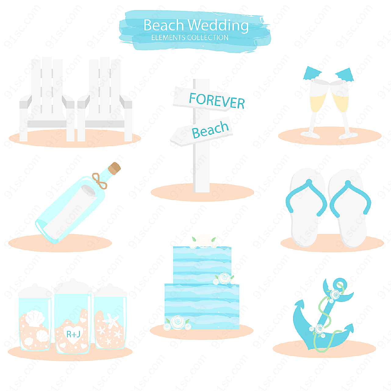 沙滩婚礼元素矢量婚庆