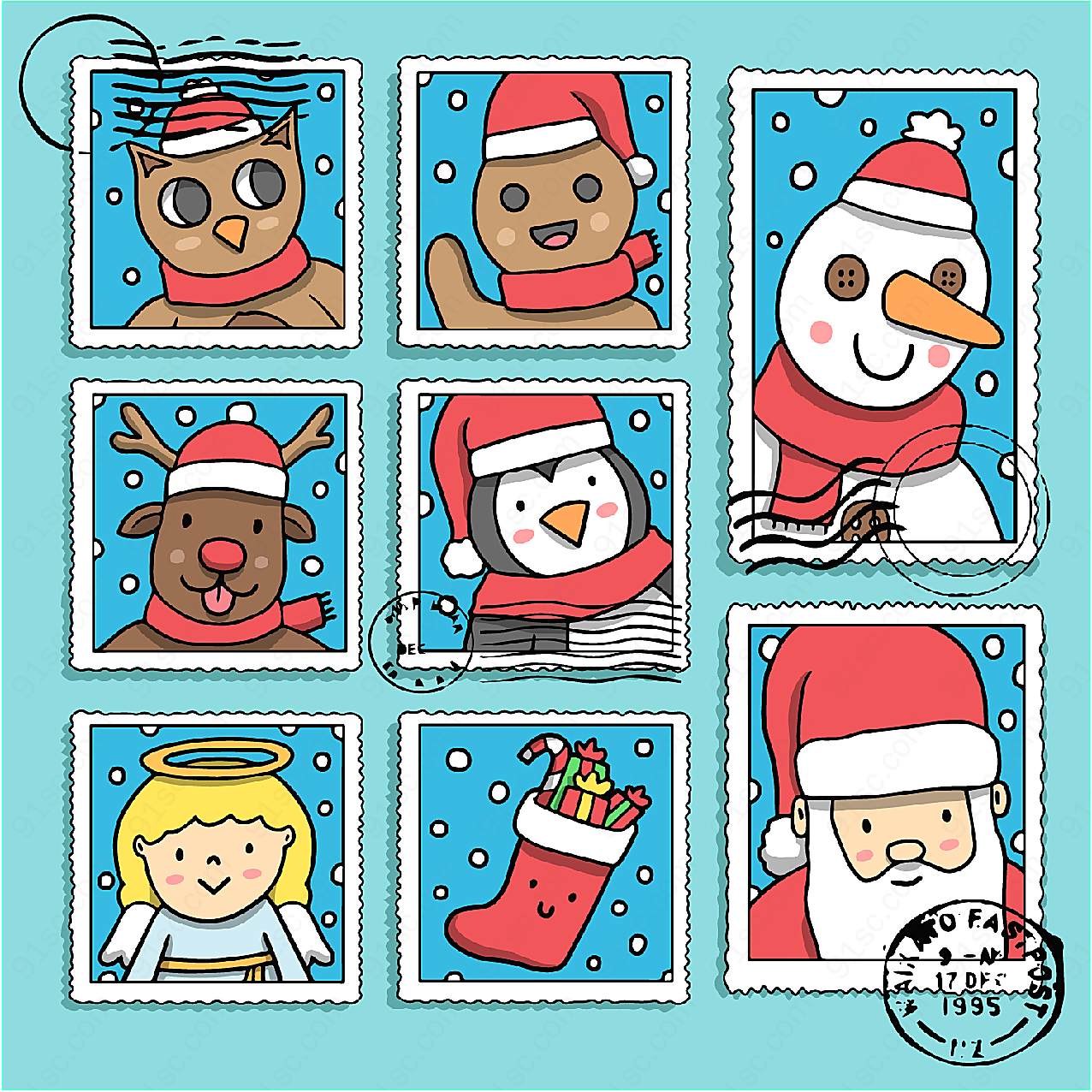 彩绘圣诞节邮票矢量圣诞节