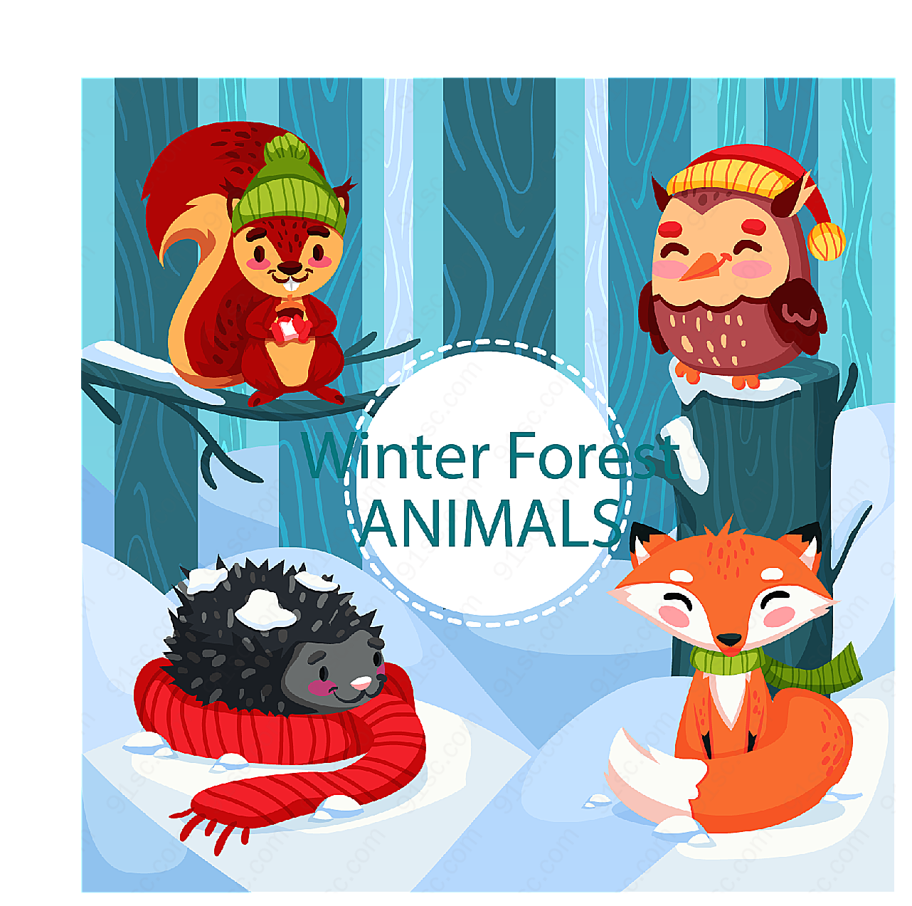 卡通冬季森林动物矢量卡通动物
