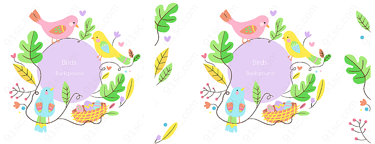 彩绘小鸟和花朵矢量插画
