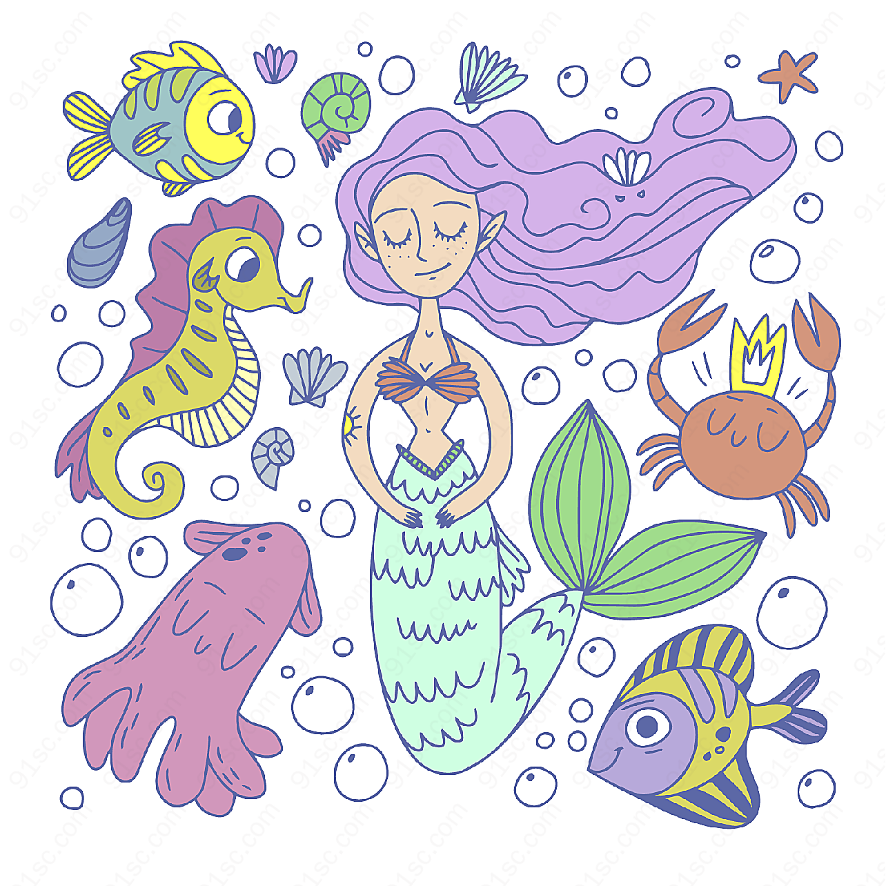 美人鱼和海洋动物角色矢量卡通角色
