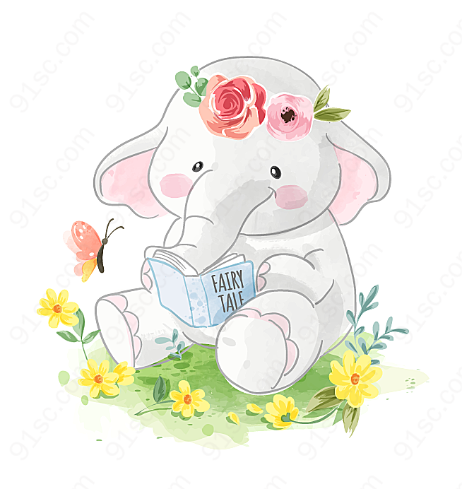 读童话书的大象动物矢量卡通动物