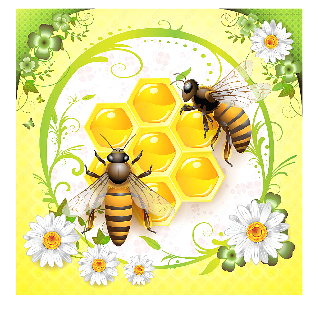 蜜蜂鲜花绿叶矢量其它食品