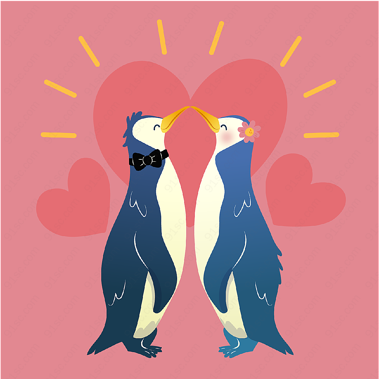 企鹅情侣和爱心矢量卡通动物