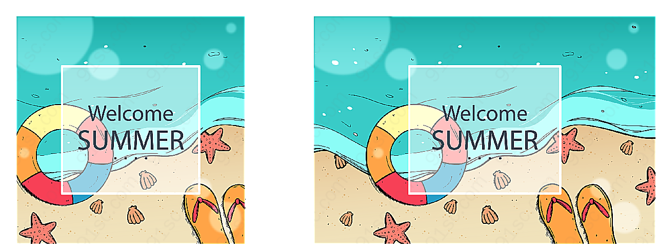 大海和沙滩游泳圈矢量插画