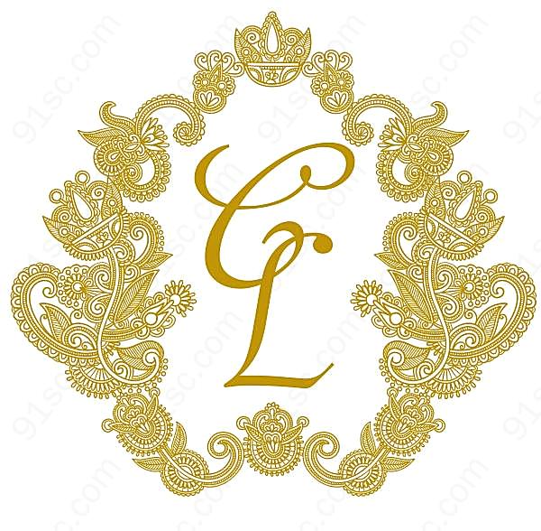 金色华丽花边婚礼logo创意概念