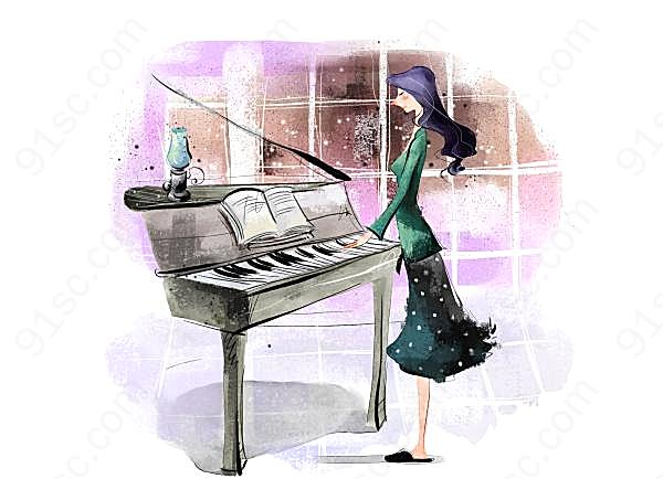 弹钢琴的女孩psd插画创意概念