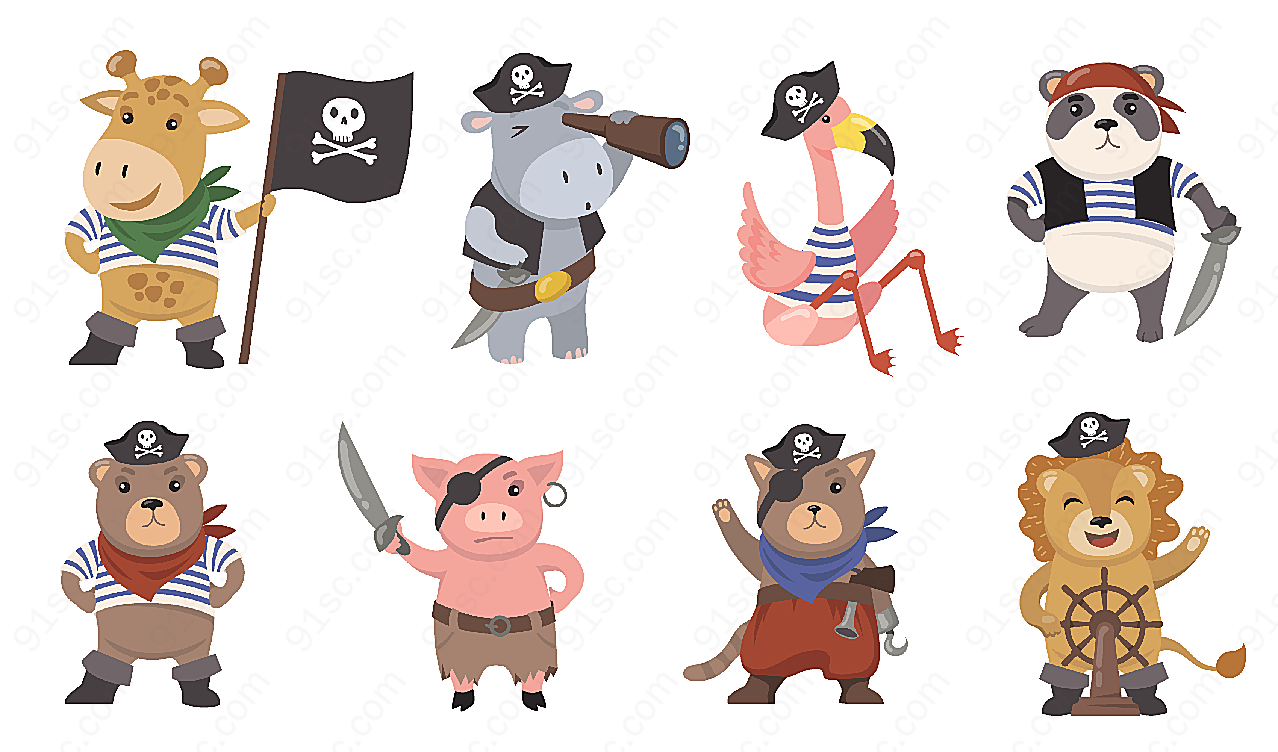 可爱手绘动物海盗元素图集设计