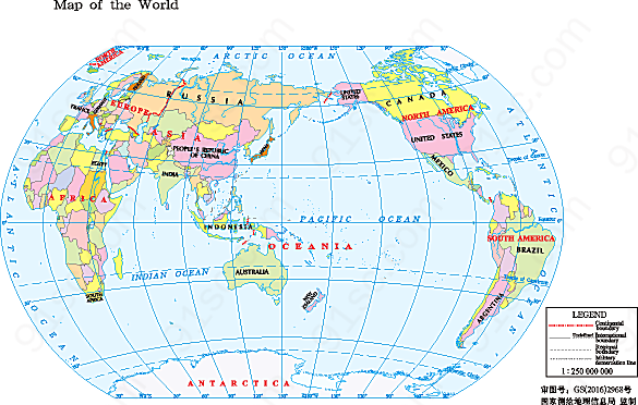世界地图1:2.5亿64开英分国设色装饰图案