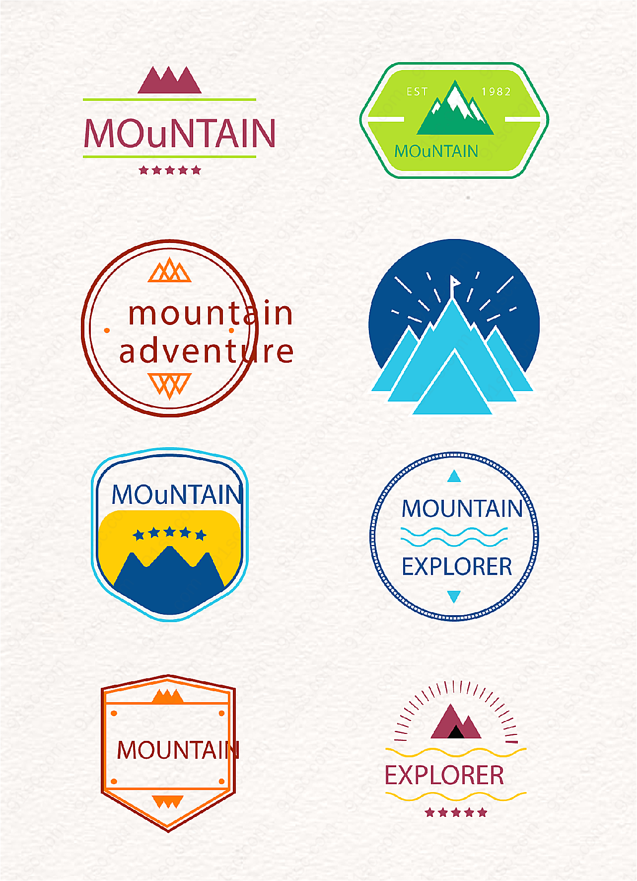 8款彩色登山标签矢量图促销