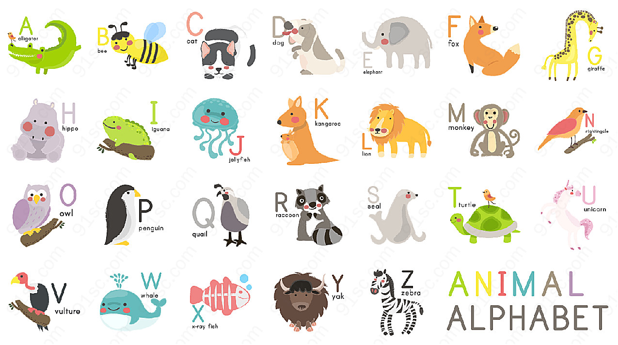 儿童英文字母卡通动物图集图案设计