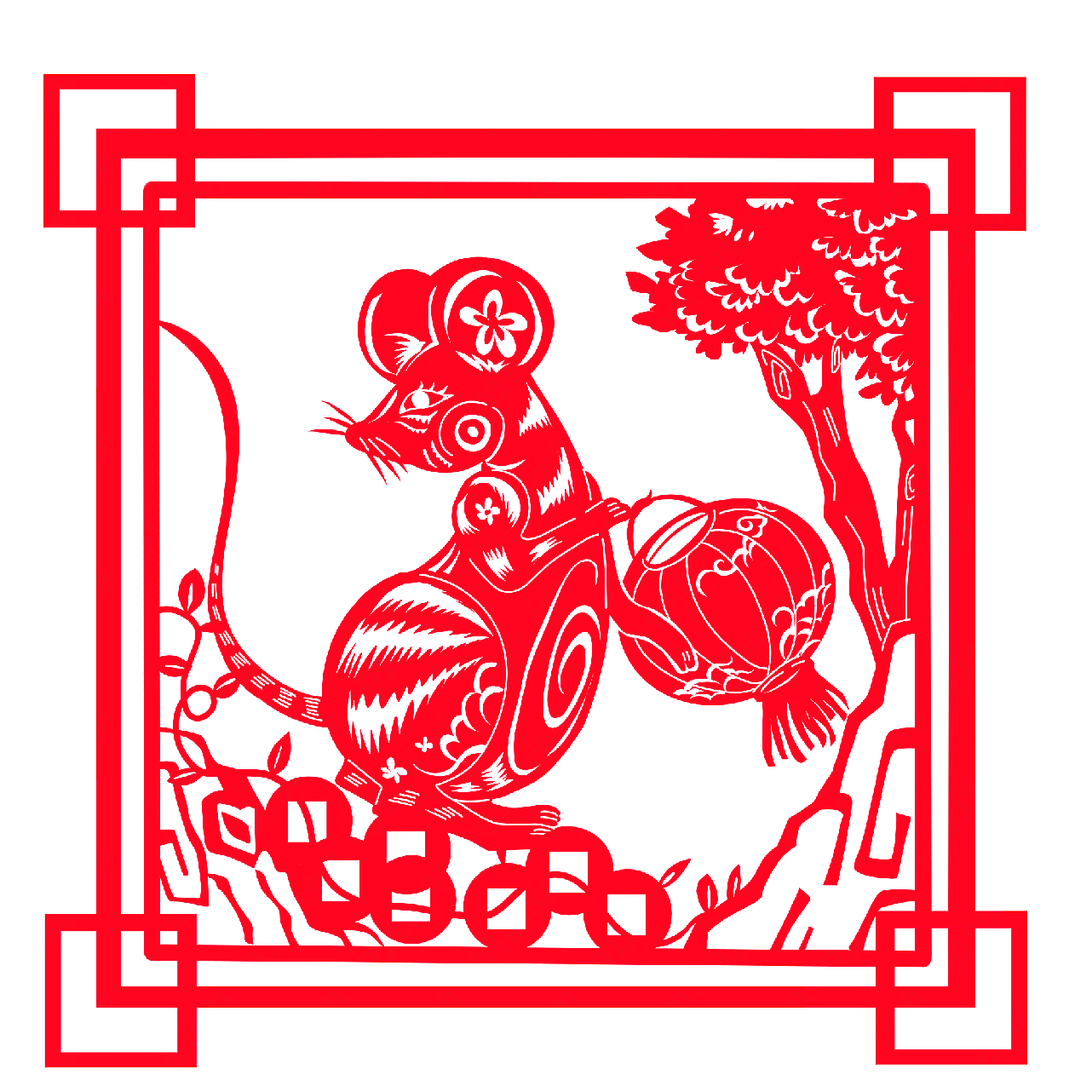 红色鼠年剪纸窗花元素设计