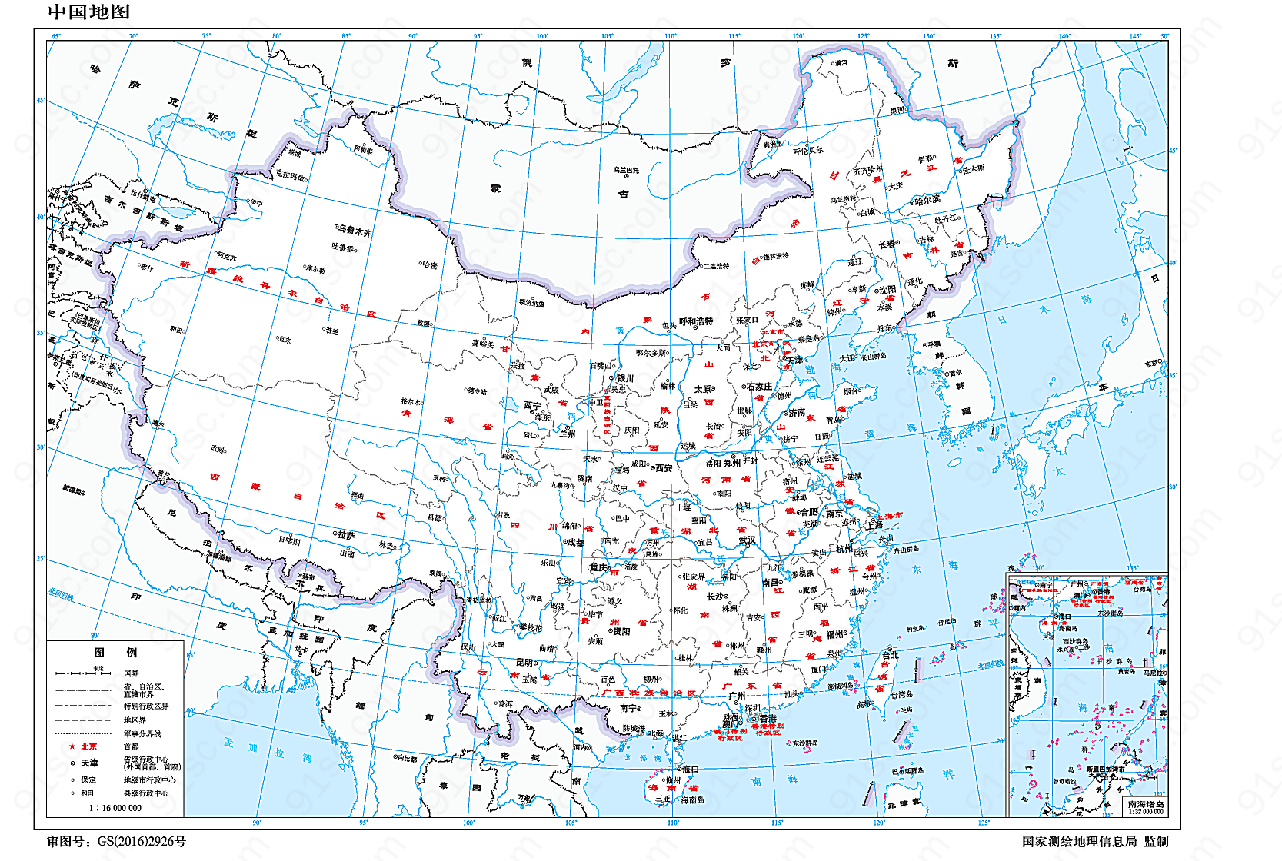 中国地图1:1600万8开有邻国线划二装饰