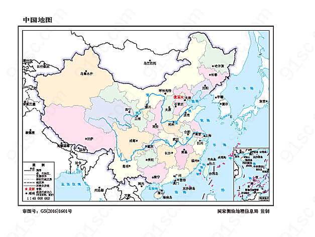 中国地图1:4800万64开分省设色装饰图案