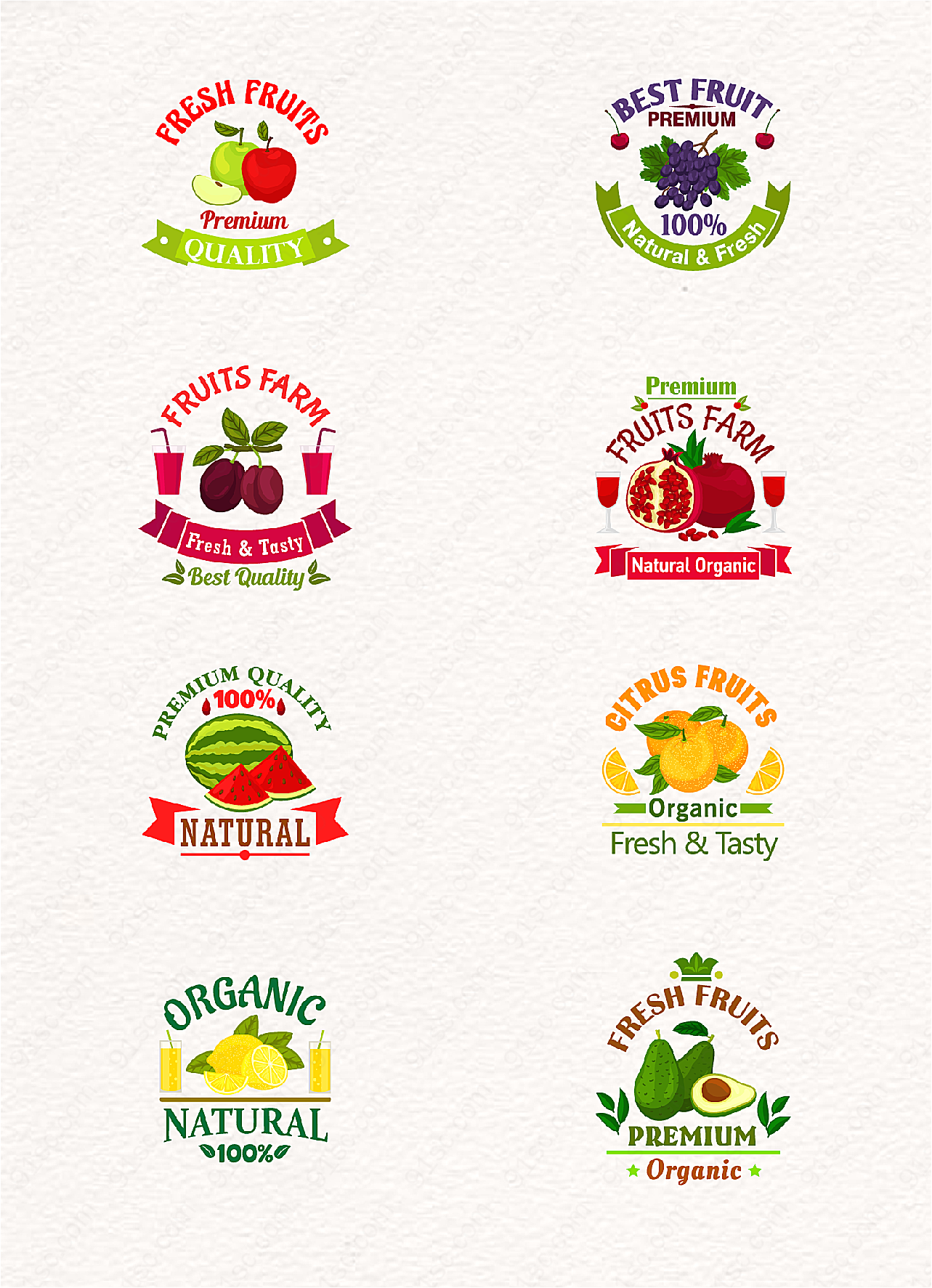 8组卡通彩色新鲜水果标签设计促销元素