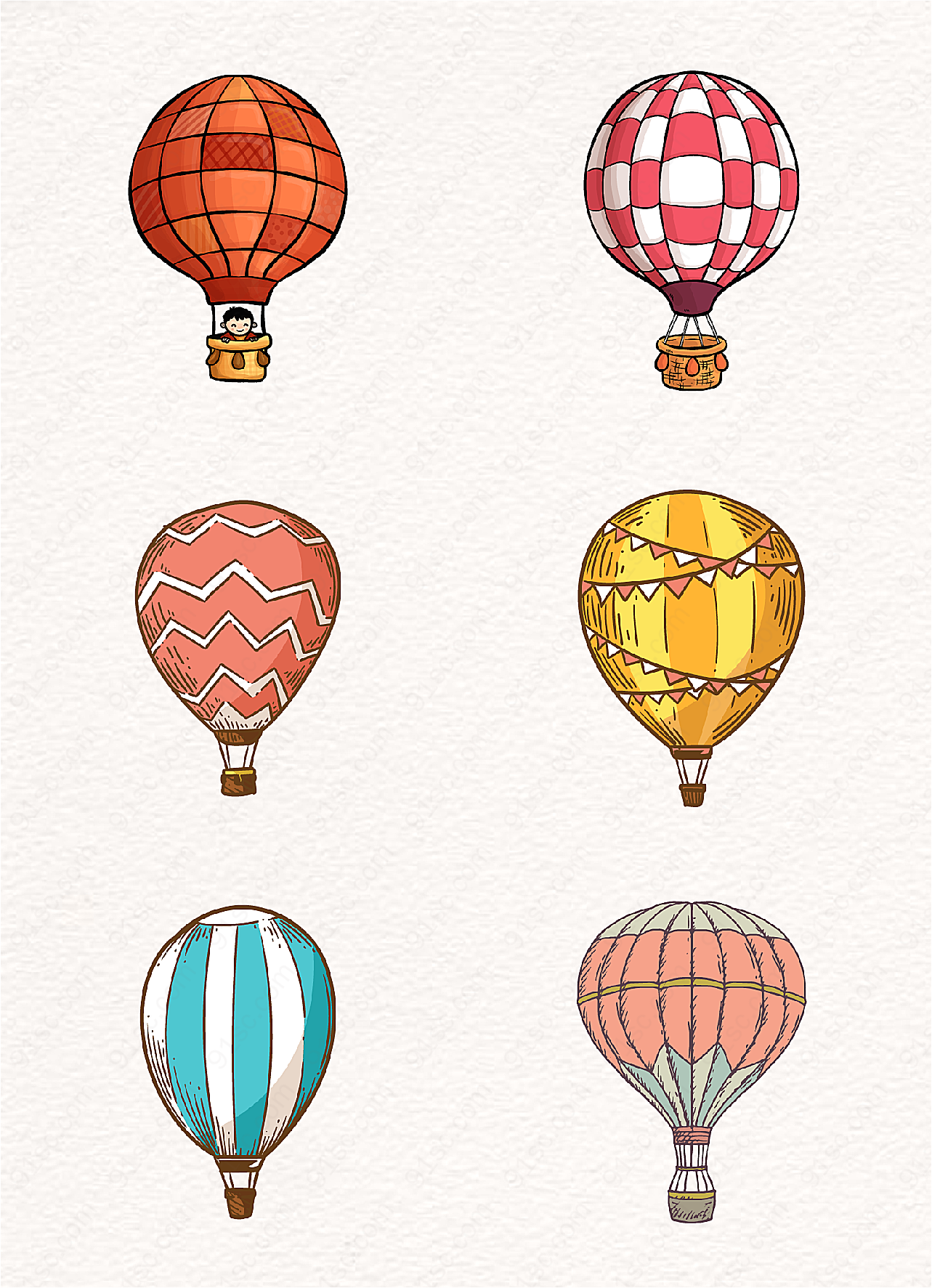 复古手绘彩色热气球元素漂浮素材