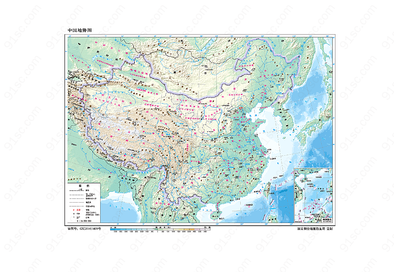中国地势图1:1600万8开元素