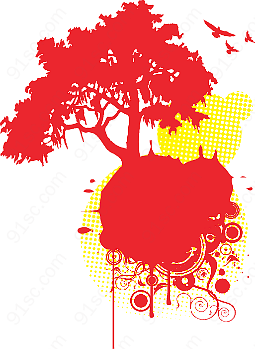 红色树木剪影花纹素材纹理设计