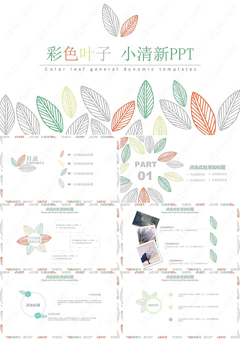 彩色简洁清新叶子图案PPT模板
