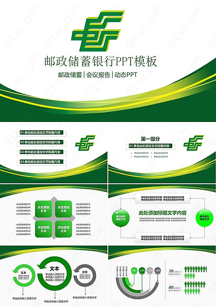 银行曲线装饰的中国邮政储蓄PPT模板